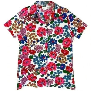Vintage 70s Lori Lynn Pink & Blue Floral Print Short Sleeve Button Down Shirt
